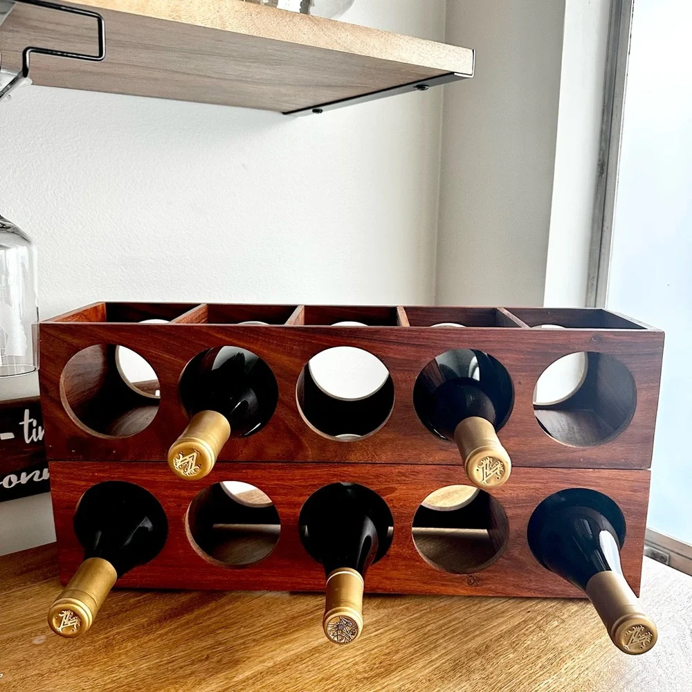 | crate & barrel • 10 bottle wooden wine rack • medium brown |